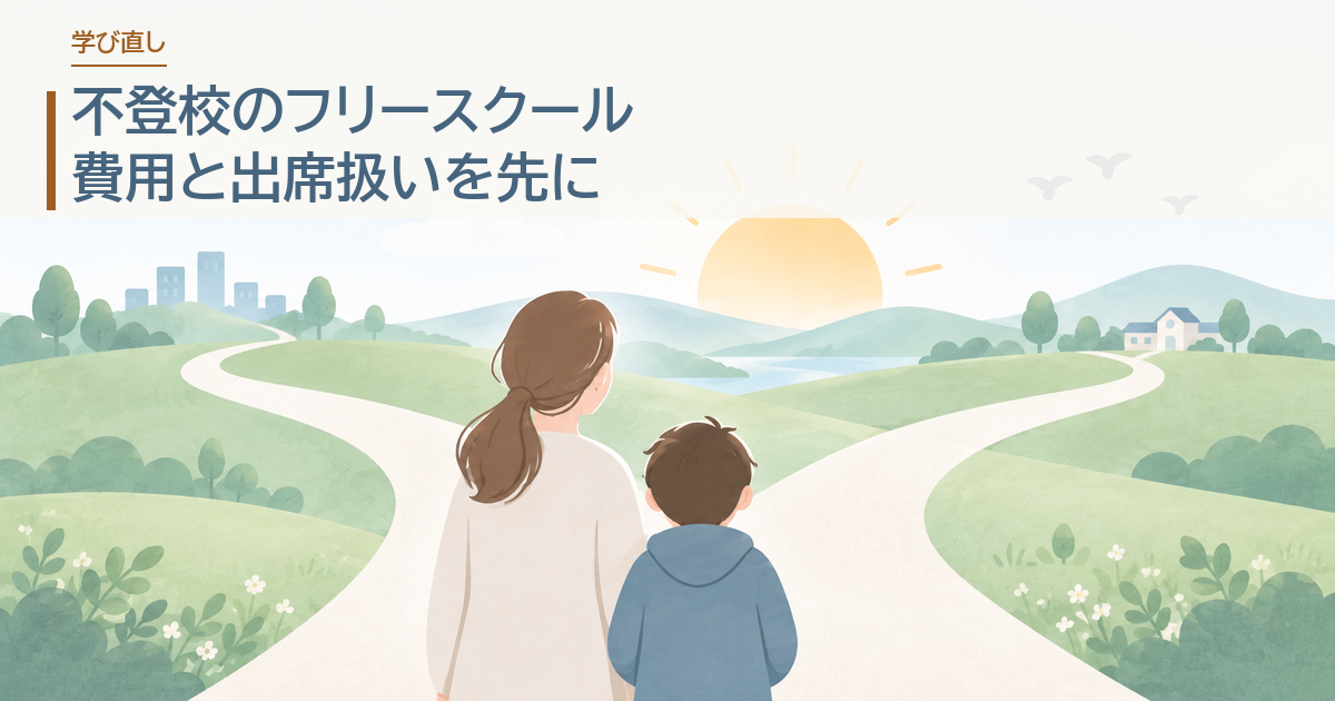 不登校のフリースクール。費用と出席扱いを先に。分かれ道の前に立つ親子のイラストにタイトルを載せたアイキャッチ