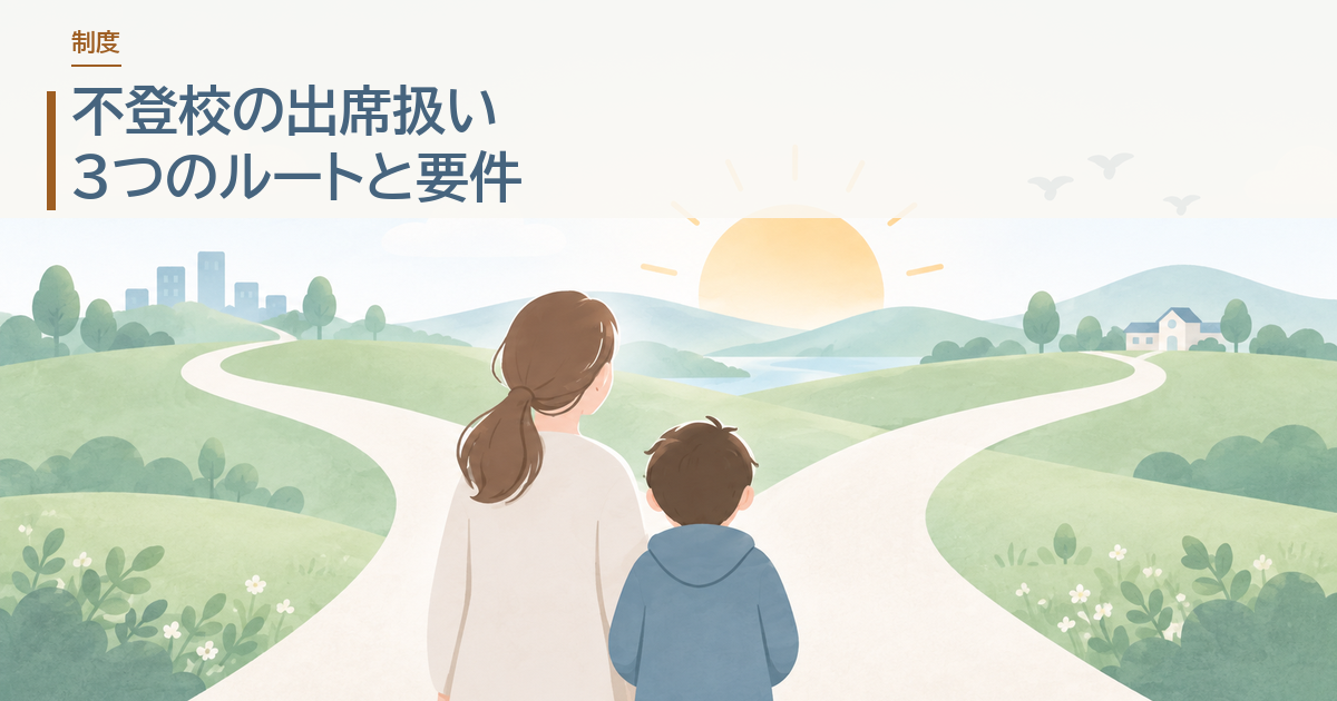 不登校の出席扱い。3つのルートと要件。分かれ道の前に立つ親子のイラストにタイトルを載せたアイキャッチ