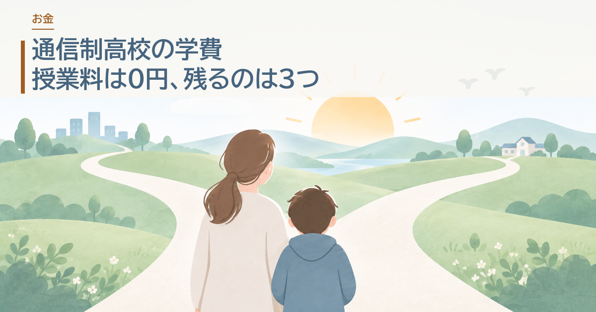 通信制高校の学費。授業料は0円、残るのは3つ。分かれ道の前に立つ親子のイラストにタイトルを載せたアイキャッチ