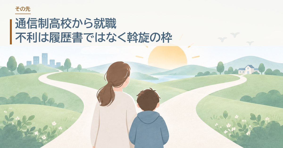 通信制高校から就職。不利は履歴書ではなく斡旋の枠。分かれ道の前に立つ親子のイラストにタイトルを載せたアイキャッチ