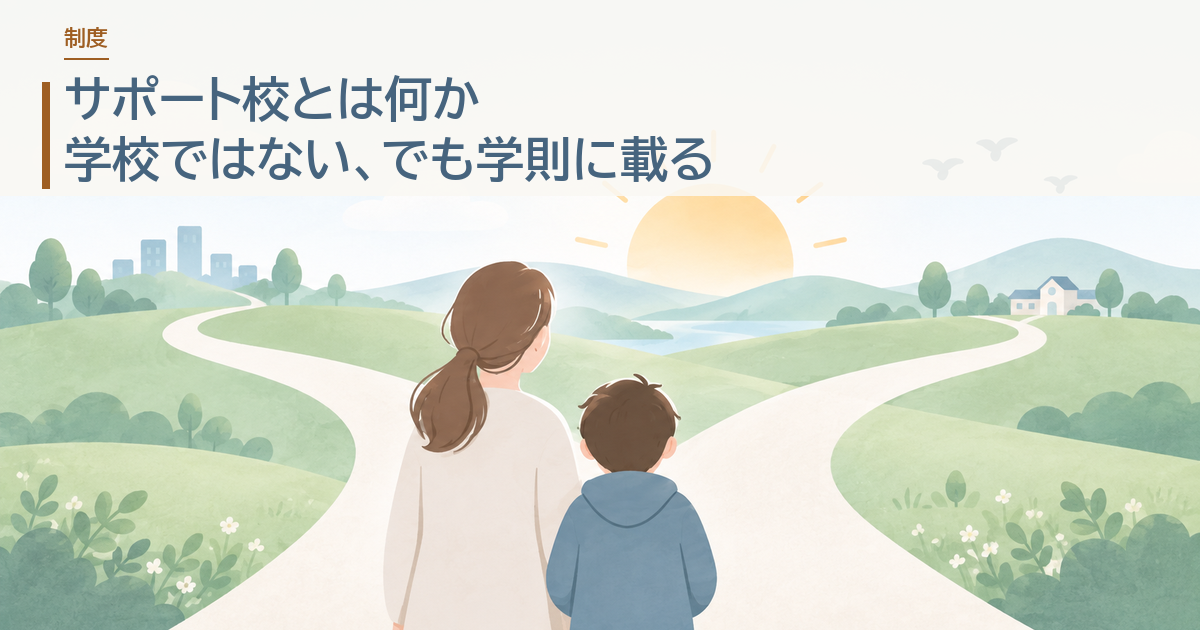 サポート校とは何か。学校ではない、でも学則に載る。分かれ道の前に立つ親子のイラストにタイトルを載せたアイキャッチ