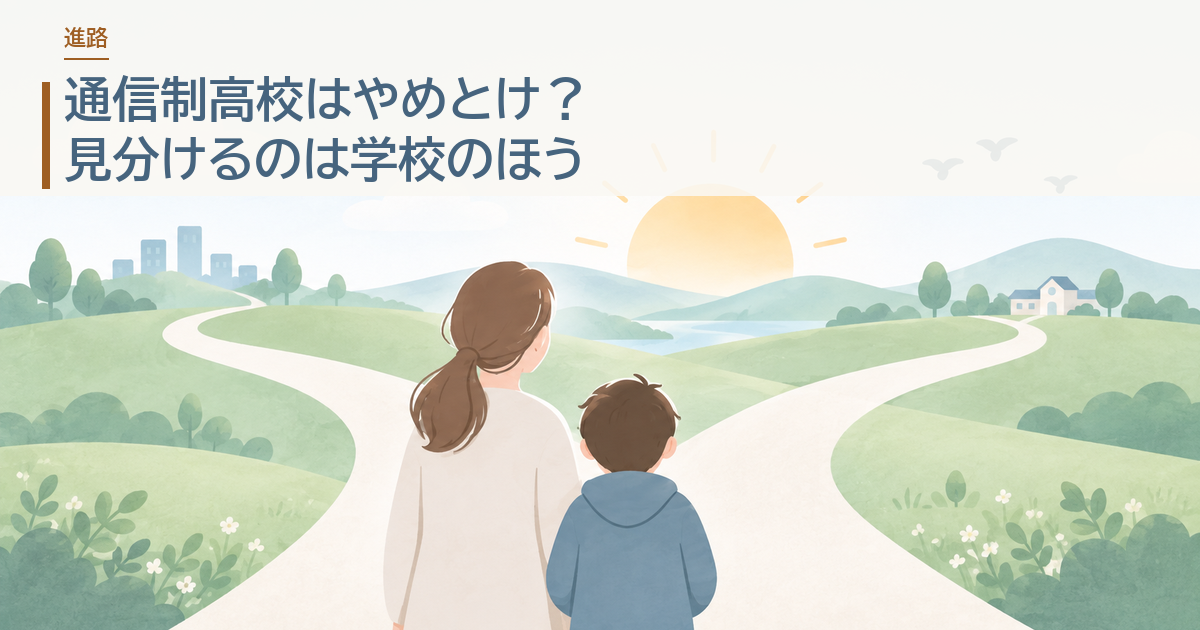 通信制高校はやめとけ？ 見分けるのは学校のほう。分かれ道の前に立つ親子のイラストにタイトルを載せたアイキャッチ